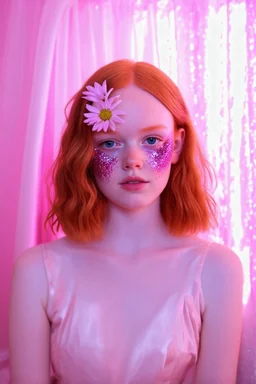 Autochrome of sadie sink, she has flowers on her face, the light is pink, à pink curtain in the background with glitter