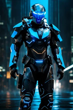 cyberpunk, neon blue, high technology, geometric figures, orbiting figures, cyberpunk suit, black and blue, epic, rain, neon blue suit, geometric figures orbiting around suit, exosuit, technological armour, a person wearing technological armour, cyberpunk armour, detailed armour, male