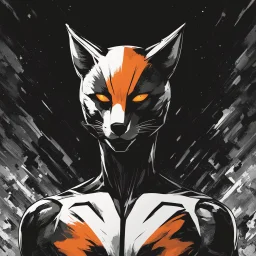 Foxman, comic style artwork, dark black, Orange and white, calm