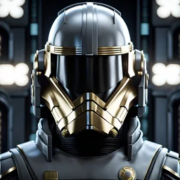 star wars bald male corellian pilot wearing pearlescent black and gunmetal grey First Order special forces heavy assault armor and helmet with gold trim inside the jedi temple, centered portrait, hyperdetailed, dynamic lighting, hyperdetailed background, 8k resolution, volumetric lighting, light skin, fully symmetric details