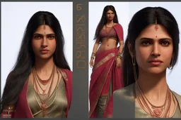 Indian Female character 19 years full anatomy Proportions of the character the head-to-body ratio . Front, Side, and Back Views: Provide multiple views of the character, including front, side, and back mode sheet .stylized animation character 8k Art station.