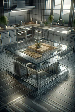 isometric model on beautiful luxury kitchen table, glass walls and tunnels in isometric perspective, photo-realistic, shot on Hasselblad h6d-400c, zeiss prime lens, bokeh like f/0.8, tilt-shift lens 8k, high detail, smooth render, down-light, unreal engine 5, cinema 4d, HDR