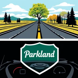 design for a shop that does oil changes, top has elements of beautiful park highway drive on flat land with elm and poplar trees, bottom shows the engine under car hood. on windshield is written "Parkland", all inside a shield shape with squared top and rounded bottom, in the style of national parks stickers