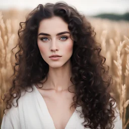 Soft, long curly hair, black almond-shaped eyes, thick eyebrows, an oval face, a slightly long neck, a long nose, medium, full lips at the bottom, wheat-white skin.