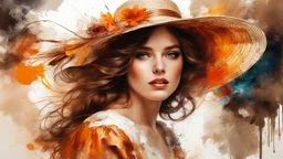 Vintage art, brown and orange shades, sunny day, straw hat for woman, summer dress, splashes of art, in the style of Dante Gabriel Rossetti, Yossi Kotler, Camilla D'Errico, masterpiece, fine art in the style of Carne Griffiths, Paula Hoppe