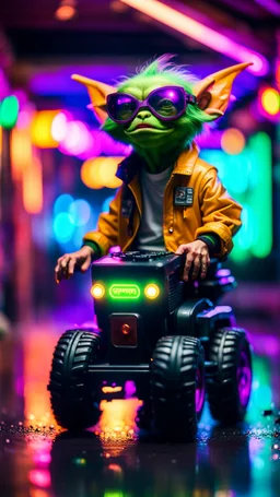 portrait of quickling Hairy Gremlin myth buster pimp ninja yoga cyber punk in flying hipster lawn tractor parked in dark neon lit reflective wet arcade hall tunnel,bokeh like f/0.8, tilt-shift lens 8k, high detail, smooth render, down-light, unreal engine, prize winning