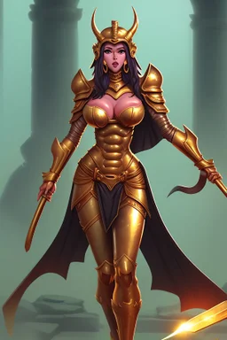 super beaty woman, good body, a lot big bubs, nice body, model style, milf, dress a small golden armour, asiatic, cape, rude mode, stay on ansient temple ruins.