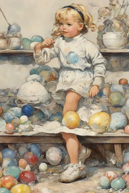 full color - a tiny little blonde girl in shorts and a turtleneck sweater coloring Easter eggs - line art by Norman Rockwell