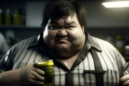 Cree l image d un agent de sécurité obese et sale. Il porte une chemise blanche tachée et boit une cannette de la marque monster. Il a des cheveux noirs hirsutes. 4k realiste. Il est très sale, il sent mauvais. Il sourit betement. Il a bu beaucoup d alcool la veille. Il est débraillé