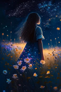 girl standing from behind, night, stars, beautiful painting, field, beautiful girl, dream, summer, shining stars, beautiful flowers, 8k