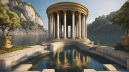 a roman capital divided by a river next to the ocean. marble and gold. fantasy.