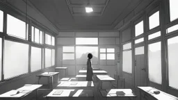 monochromatic japanese classroom with a shadowy figure looking out the window holding a transparent key emanating glow that colors the surroundings, anime
