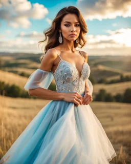 full-body closeup shot of a young, beautiful girl with a perfect face and makeup,wearing pretty dance dress standing in a stage in open air nice hills , blue sky ,pretty clouds at distant