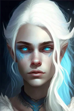 hauntingly beautiful character for dnd, young woman with white hair and blue eyes, angel