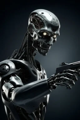 a scary cyborg with a gun searching for humans looking right and is far away