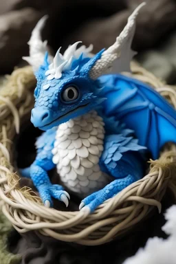 little blue dragon with white wings sitting in a nest