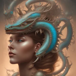 sango fantasy, fantasy magic, intricate, sharp focus, illustration, highly detailed, digital painting, concept art, matte, artgerm and paul lewin and kehinde wiley, masterpiece silver dragon head copper African nice breast Afo woman turquoise waves