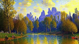 Sunny day, Distant mountains, rocky stream, alfred sisley impressionism painting