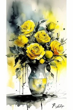 A watercolour and ink drawing of A vase of yellow roses in the style of artist John Lovett
