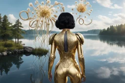 A skinny woman with black hair, in a gold and silver android suit, standing, looking out over a lake, with flying dandelion heads with octopus tentacles, with tall narrow cloud trees in the distance