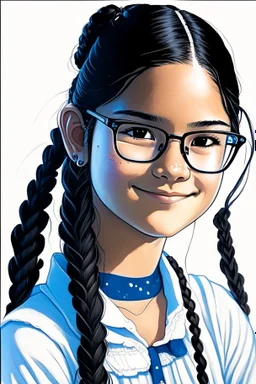 A 11 year old girl with pitch black hair in two braids on her shoulder white skin smile brown eyes and blue spotted glases white backround