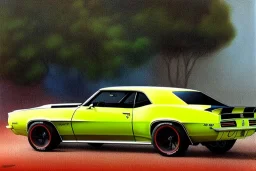 a true-to-life 1969 chevrolet camaro pro touring widebody, two-tone paintwork, classic hotrod wheels, detroit steel wheels, pen and color marker, centered, intricate, extreme detailed, photorealism, center view, stylized random background, pivot on camaro, painting by cheryl kelley