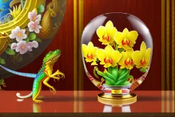 1512857901 hypersigil photograph of a beautiful yellow and red orchid in a clear glass rococo inspired vase on a mirrored deco themed end table in a shadowy corner of a nouveau era room with wood paneling in the style of Robert maplethorpe, tropical birds, lizards, snakes, insects, gorgeous, shamanic, ethereal, photorealistic, embellishments, long shot, wide shot, dof, deep focus, 3d render