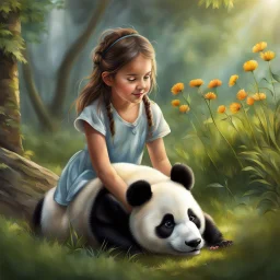 very beautiful realistic10 years old girl playing with a panda