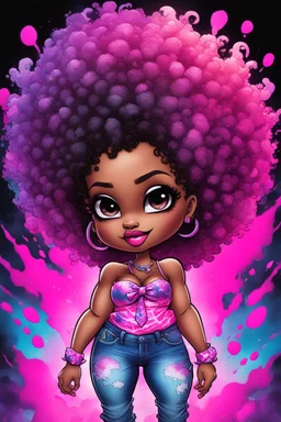 vibrant psychedelic comic book image, airbrush, 48k, cartoon art of a chibi curvy black female wearing torn jeans pants and a pink tie dye off the shoulder blouse. Prominent make up with lush lashes. Highly detailed sleek wavy afro