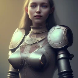 a cute smiling girl in medieval armor with a tattoo in her face, michelangelo style, steam punk, scary, horror, realistic, made in octane, cinematic, ultra-realistic, extremely detailed octane rendering, 8K, VRAY Super Real ar 2:3, dof photorealistic futuristic 50mm lens hard lighting dark gray tintype photograph, realistic lighting, sephia colors