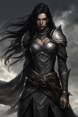 SA female elf with skin the color of storm clouds, deep grey, stands ready for battle. Her long black hair flows behind her like a shadow, while her eyes gleam with a fierce silver light. Despite the grim set of her mouth, there's a undeniable beauty in her fierce countenance. She's been in a fight, evidenced by the ragged state of her leather armor and the red cape that's seen better days, edges frayed and torn. In her hands, she grips two daggers, add dark shadow mystic purple flames