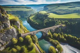 top view of medieval stone river bridge, cliff to cliff, road through image, large river gorge