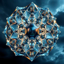 Dynamic hypnotic fractal 3D structures hexogonal Symmetry twisting and morphing between organic and geometric forms , smooth translucent iridescent glass with inner glow and regular bubbles, varied transparent materials, stormy skies, intense dramatic