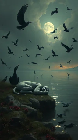 Bosch painting style nightmare , 3D , sleeping creature by the lake from distant view surrounded by black birds, high Quality picture , 8k