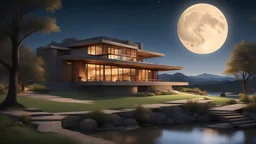 beautiful house, perfect architecture, style Frank Lloyd-Wright, rural environment, night, moon, stars, volumetric lighting, trees, river, distant mountains, award-winning photograph, photorealism, superb details, light and shade, beautiful composition, arts-and-crafts, attractive, peaceful, exquisite