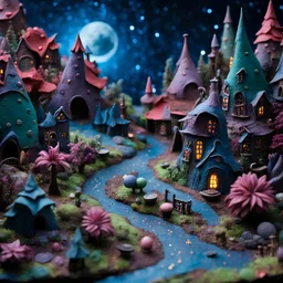 Detailed creepy landscape made of modeling clay, fairy tale, people, village, stars and planets, Roger Dean, naïve, Tim Burton, strong texture, extreme detail, Max Ernst, decal, rich moody colors, sparkles, bokeh