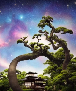 Japanese tea house with a brontosaurus statue in outer space with a nebula backdrop and otherworldly trees