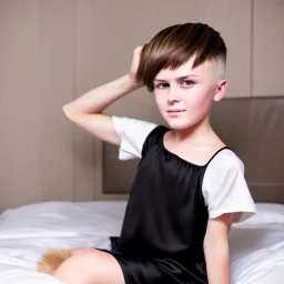 Russian short hair beautiful tomboy boyish boylike short man's haircut boyish features shortcut in black girlish nightgown in hotel