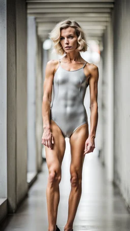 beautiful anorexic woman, total shot, short silver triathlon swimsuit, short blond wavy bob hair, blurred concrete background