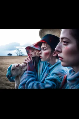 One-piece lamb in woolen gear, Straw hat, lamb's fully defined facial features, closed mouth, neon aura, red neon lightning and thunder, clouds crumbling, ground shattering, ethereal portrait, tonal, color scheme, pensive stillness, dark aquamarine and red, rainy night, rain trace, high reflection, dramatic lighting, intricate details, photographic realism