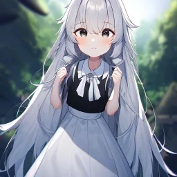 Clear focus, High resolution, Rough line, cute, cartoon style, black long hair, fluffy hair, long locks, spiky hair, wearing a white shirt with a black vest, wearing a white collar and a grey bow, wearing a white skirt, black eyes