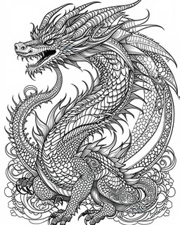 dragon tattoo, coloring book page, clean line art, adults drawing book, Black and white only, crisp black lines, sharp lines, coloring page for adults, black and white picture, lots of details, tattoo style,tattoo ideas, full body