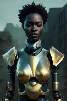 portrait,beautiful african robot, post-apocalyptic in a cyberpunk city, realistic, intriacte detail, sci-fi fantasy style, volumetric lighting, particales,highly detailed,cinamatic, deep