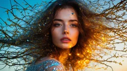 collage Portrait of a WOMAN made of magical objects, Loose hair continues in the form of branches, Double exposure, Nature, Gold and silver luminescent, fluffiness, Wind, multi-layered, Glow, Glare, Warm shades, Airiness, blending, textured, 3D, 8K, best quality, fine rendering, high detail, hyperrealism, high resolution, high definition, multi-layered, highest focus, hyper sharpness, hyperfocus,