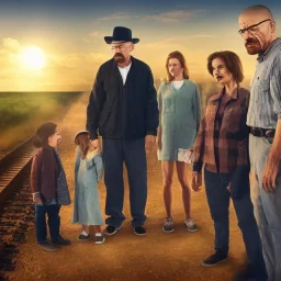 Walter White and his family with a train, 8k, realistic body, with a fedora, sunset background,