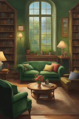 a drawing of a living room with a green couch, cozy home background, thomas kinkade. cute cozy room, cozy living room background, alchemist library background, pleasant cozy atmosphere, painting of a room, cute room, cozy atmosphere, personal room background, photorealistic room, reading nook, warm interiors, cozy wallpaper, warm living room, a room