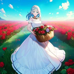 gorgeous anime girl wearing a yellow and white dress ,standing in a meadow of flowers, spreading rose pedals on the ground. beautiful eyes and a stunning smile, blue eyes, two blue eyes, perfect nose and rosy cheeks and red lips. girl is holding a basket with flowers in it