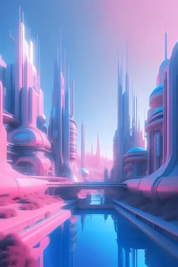 Dystopian world, without nature, moderne future city, light colors, pink, blue, beauty is important