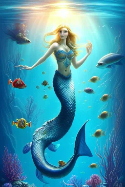 underwater scene, a mermaid with shimmering tail, octopus, fish, beautiful colors, very fine detail, high quality, mystical, romanticism, intricate,