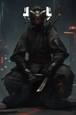 cyberpunk male samurai with the letter m on his mask